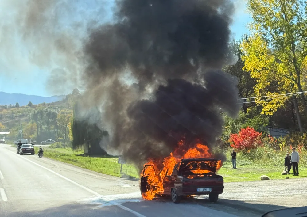 İnegöl-Domaniç yolunda otomobil alev aldı